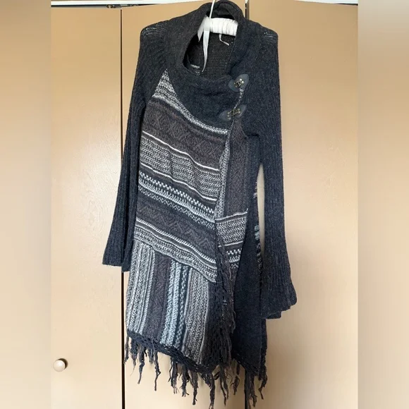 Free People Charcoal & Gray Knit Fringe Asymmetric Cardigan - Picture 1 of 5